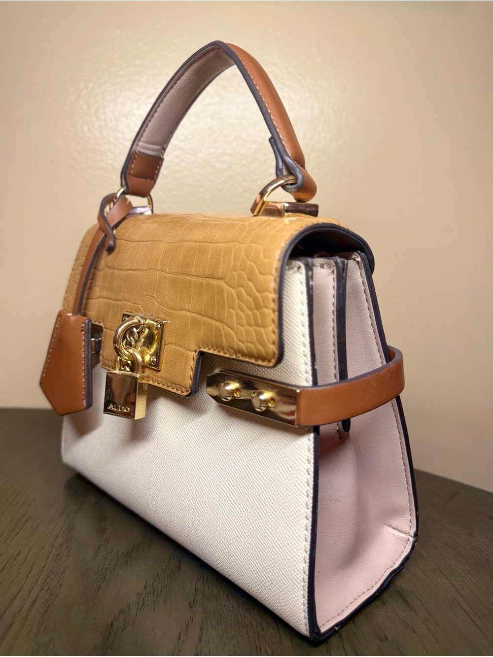 ALDO Colorblock Croc-Embossed Satchel Bag – Tan/Cream with Gold Hardware - Picture 2 of 9